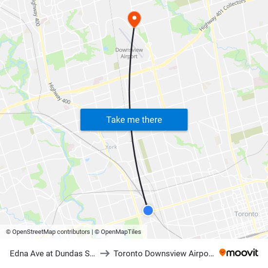 Edna Ave at Dundas St West to Toronto Downsview Airport (Yzd) map