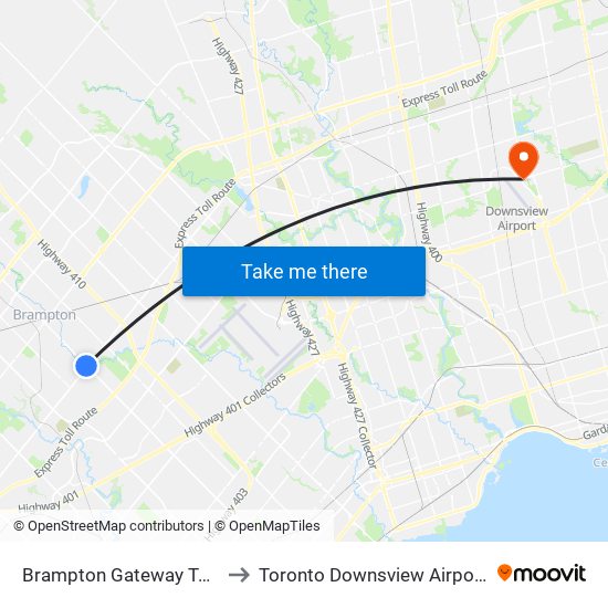 Brampton Gateway Terminal to Toronto Downsview Airport (Yzd) map