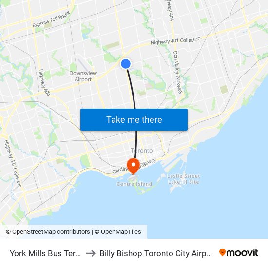 York Mills Bus Terminal to Billy Bishop Toronto City Airport (Ytz) map