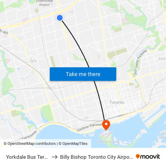 Yorkdale Bus Terminal to Billy Bishop Toronto City Airport (Ytz) map