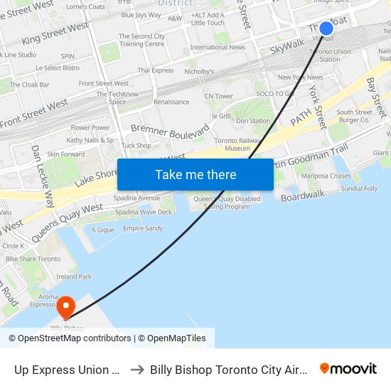 Up Express Union Station to Billy Bishop Toronto City Airport (Ytz) map