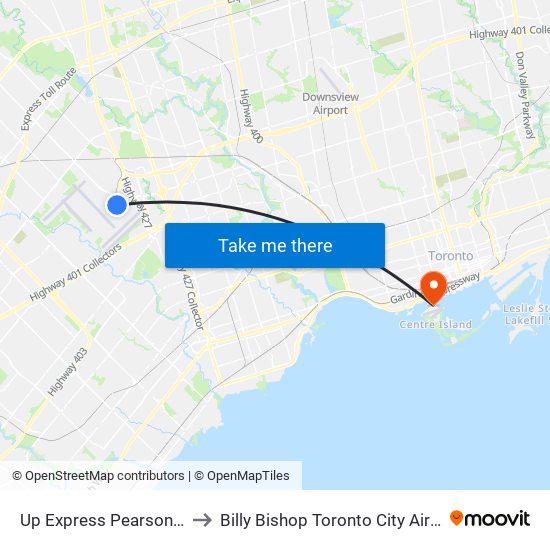 Up Express Pearson Airport to Billy Bishop Toronto City Airport (Ytz) map
