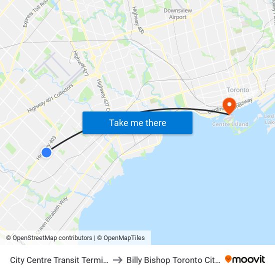City Centre Transit Terminal Platform A to Billy Bishop Toronto City Airport (Ytz) map