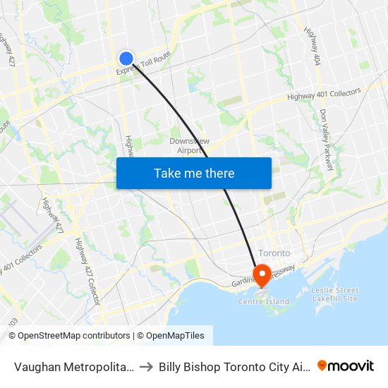 Vaughan Metropolitan Centre to Billy Bishop Toronto City Airport (Ytz) map