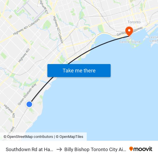 Southdown Rd at Hartland Dr to Billy Bishop Toronto City Airport (Ytz) map