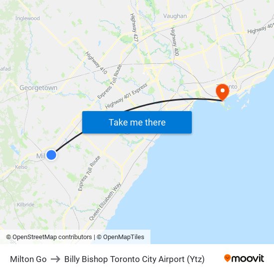 Milton Go to Billy Bishop Toronto City Airport (Ytz) map