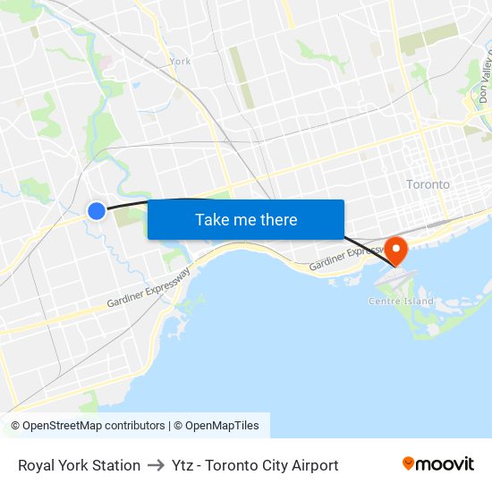 Royal York Station to Ytz - Toronto City Airport map