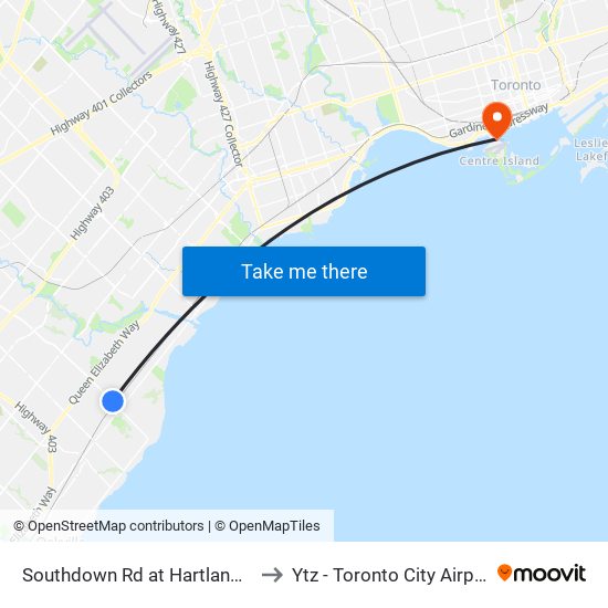 Southdown Rd at Hartland Dr to Ytz - Toronto City Airport map