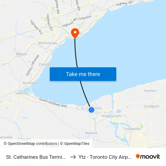St. Catharines Bus Terminal to Ytz - Toronto City Airport map