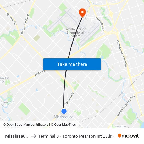 Mississauga to Terminal 3 - Toronto Pearson Int'L Airport map