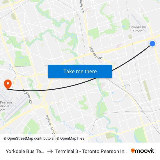 Yorkdale Bus Terminal to Terminal 3 - Toronto Pearson Int'L Airport map