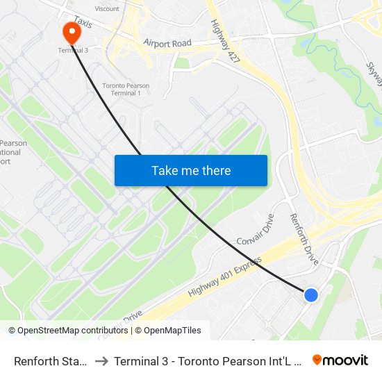 Renforth Station to Terminal 3 - Toronto Pearson Int'L Airport map