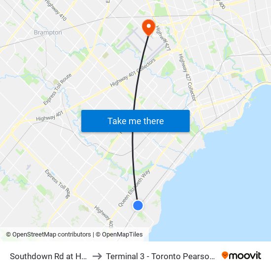 Southdown Rd at Hartland Dr to Terminal 3 - Toronto Pearson Int'L Airport map