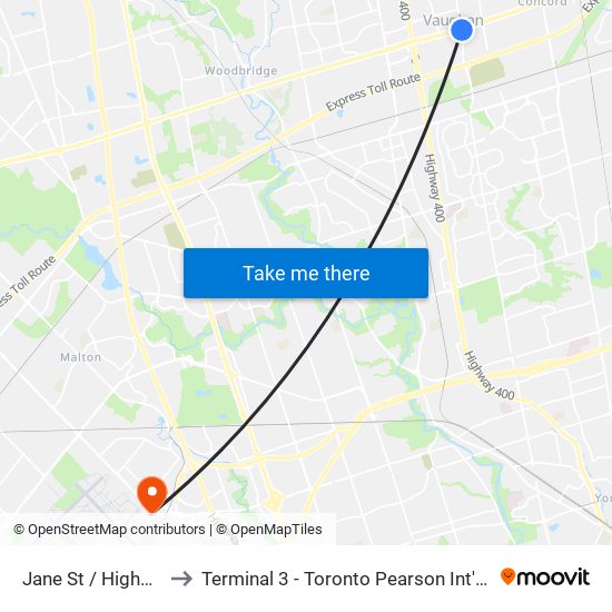 Jane St / Highway 7 to Terminal 3 - Toronto Pearson Int'L Airport map