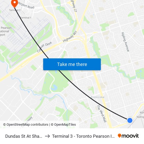 Dundas St At Shaver Ave to Terminal 3 - Toronto Pearson Int'L Airport map