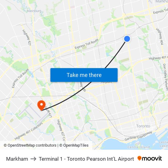 Markham to Terminal 1 - Toronto Pearson Int'L Airport map