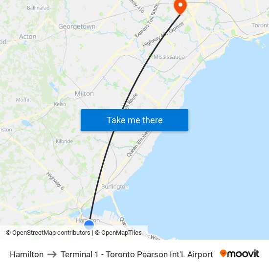 Hamilton to Terminal 1 - Toronto Pearson Int'L Airport map