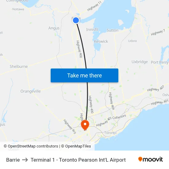 Barrie to Terminal 1 - Toronto Pearson Int'L Airport map
