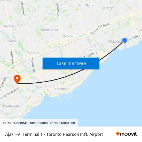 Ajax to Terminal 1 - Toronto Pearson Int'L Airport map