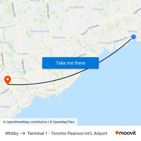 Whitby to Terminal 1 - Toronto Pearson Int'L Airport map