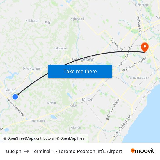 Guelph to Terminal 1 - Toronto Pearson Int'L Airport map
