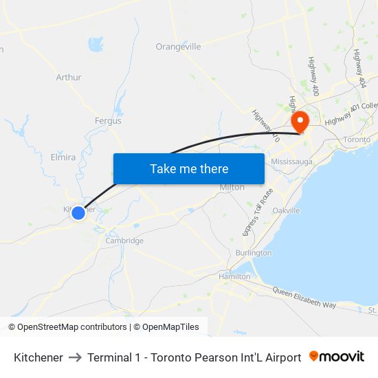 Kitchener to Terminal 1 - Toronto Pearson Int'L Airport map