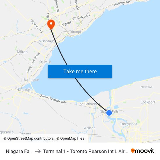Niagara Falls to Terminal 1 - Toronto Pearson Int'L Airport map