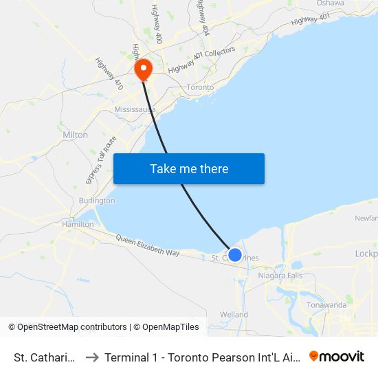 St. Catharines to Terminal 1 - Toronto Pearson Int'L Airport map