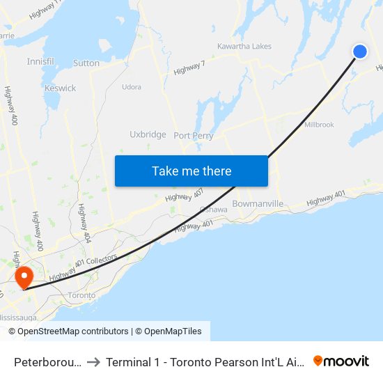 Peterborough to Terminal 1 - Toronto Pearson Int'L Airport map