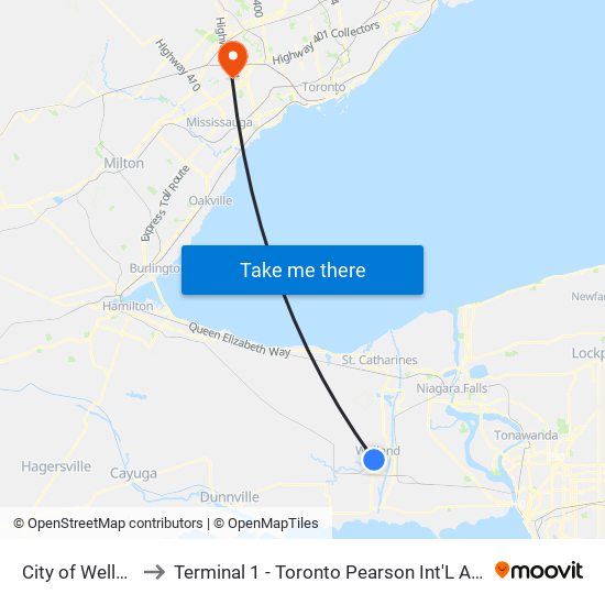 City of Welland to Terminal 1 - Toronto Pearson Int'L Airport map