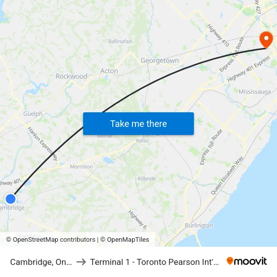 Cambridge, Ontario to Terminal 1 - Toronto Pearson Int'L Airport map