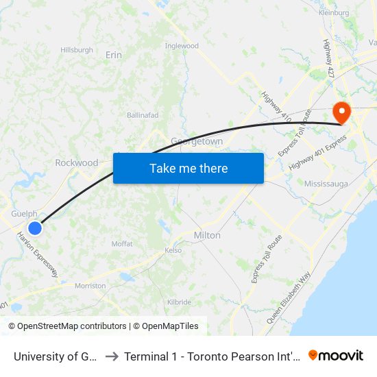 University of Guelph to Terminal 1 - Toronto Pearson Int'L Airport map