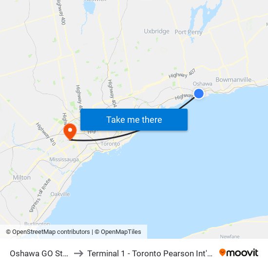 Oshawa GO Station to Terminal 1 - Toronto Pearson Int'L Airport map