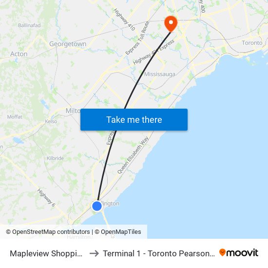 Mapleview Shopping Centre to Terminal 1 - Toronto Pearson Int'L Airport map