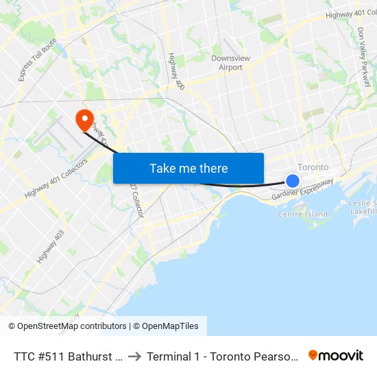 TTC #511 Bathurst Streetcar to Terminal 1 - Toronto Pearson Int'L Airport map