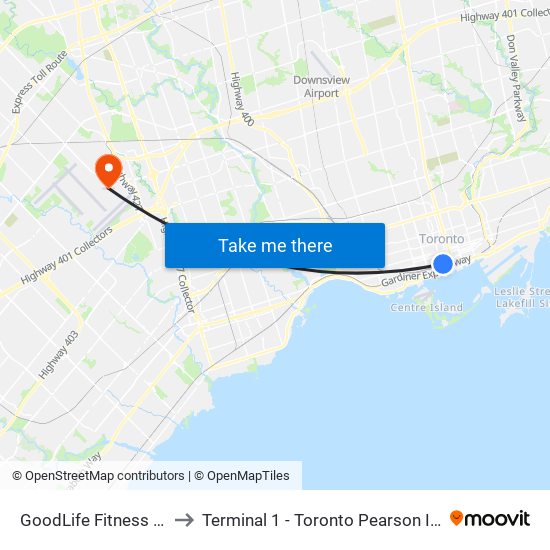 GoodLife Fitness Centres to Terminal 1 - Toronto Pearson Int'L Airport map