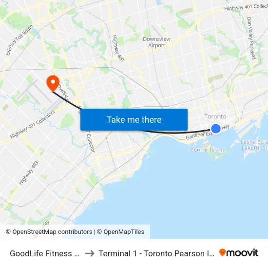 GoodLife Fitness Centres to Terminal 1 - Toronto Pearson Int'L Airport map