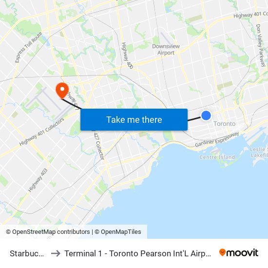 Starbucks to Terminal 1 - Toronto Pearson Int'L Airport map
