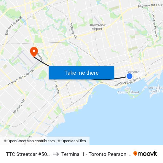 TTC Streetcar #501 Queen to Terminal 1 - Toronto Pearson Int'L Airport map