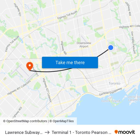 Lawrence Subway Station to Terminal 1 - Toronto Pearson Int'L Airport map