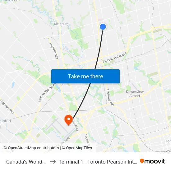 Canada's Wonderland to Terminal 1 - Toronto Pearson Int'L Airport map