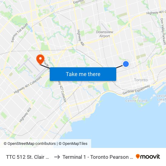 TTC 512 St. Clair Streetcar to Terminal 1 - Toronto Pearson Int'L Airport map