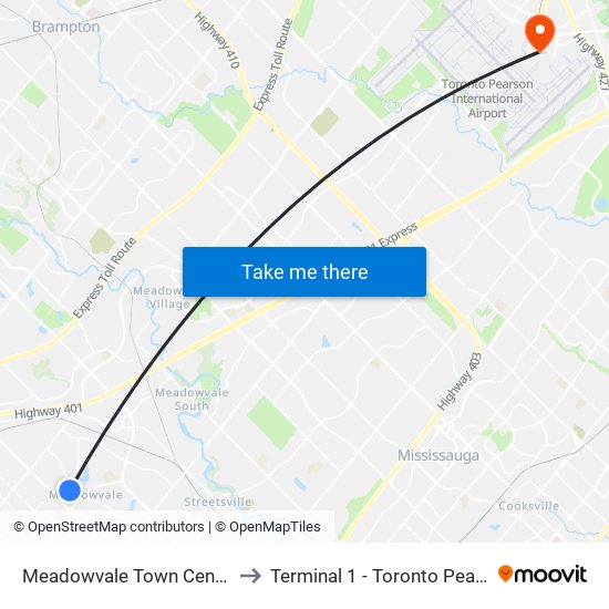Meadowvale Town Centre Bus Terminal to Terminal 1 - Toronto Pearson Int'L Airport map