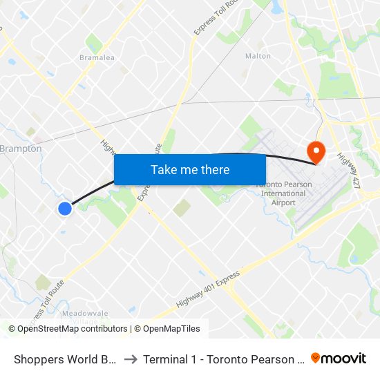 Shoppers World Brampton to Terminal 1 - Toronto Pearson Int'L Airport map