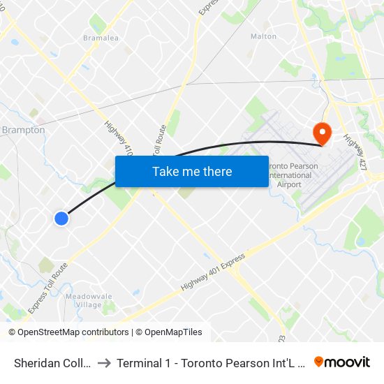 Sheridan College to Terminal 1 - Toronto Pearson Int'L Airport map