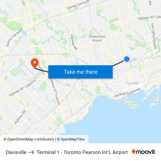 Davisville to Terminal 1 - Toronto Pearson Int'L Airport map