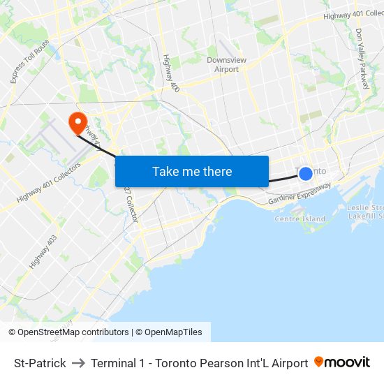 St-Patrick to Terminal 1 - Toronto Pearson Int'L Airport map