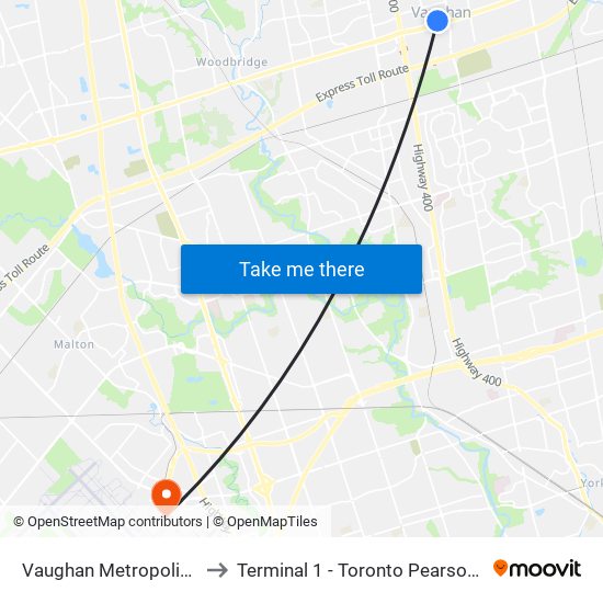 Vaughan Metropolitan Centre to Terminal 1 - Toronto Pearson Int'L Airport map