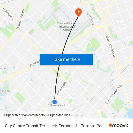 City Centre Transit Terminal Platform K to Terminal 1 - Toronto Pearson Int'L Airport map