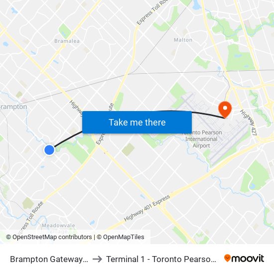 Brampton Gateway Terminal to Terminal 1 - Toronto Pearson Int'L Airport map